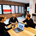 **

A vibrant, modern co-working space in Warsaw. Several people are gathered around a table, laptops open, engaging in a lively discussion. A screen displays positive customer feedback. Focus on the engaged atmosphere and the tangible benefits of listening to customer opinions.  Possibly include a subtle Polish flag element.

**