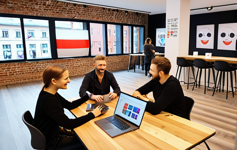 **
A vibrant, modern co-working space in Warsaw. Several people are gathered around a table, laptops open, engaging in a lively discussion. A screen displays positive customer feedback. Focus on the engaged atmosphere and the tangible benefits of listening to customer opinions. Possibly include a subtle Polish flag element.
**