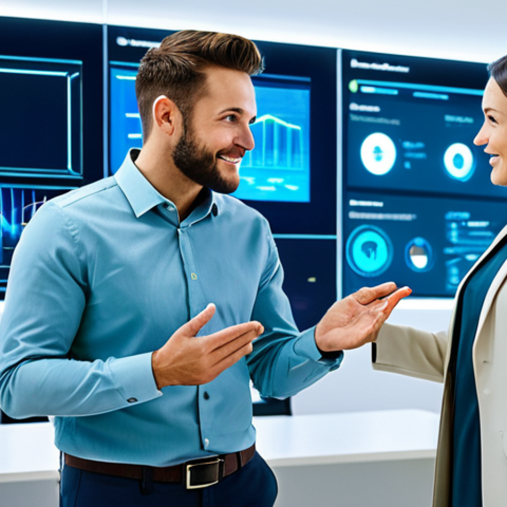 A professional male and female entrepreneur, both fully clothed in modest, contemporary business attire, standing together in a clean, brightly lit modern office. They are looking at a futuristic, glowing holographic display showing a stylized e-commerce marketplace interface with interconnected product listings and customer data. Their hands are gesturing towards the display in a natural pose, indicating shared vision and collaborative strategy. The scene emphasizes synergy and growth. perfect anatomy, correct proportions, natural pose, well-formed hands, proper finger count, natural body proportions, professional photography, high quality, safe for work, appropriate content, fully clothed, professional.