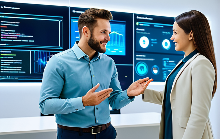 A professional male and female entrepreneur, both fully clothed in modest, contemporary business attire, standing together in a clean, brightly lit modern office. They are looking at a futuristic, glowing holographic display showing a stylized e-commerce marketplace interface with interconnected product listings and customer data. Their hands are gesturing towards the display in a natural pose, indicating shared vision and collaborative strategy. The scene emphasizes synergy and growth. perfect anatomy, correct proportions, natural pose, well-formed hands, proper finger count, natural body proportions, professional photography, high quality, safe for work, appropriate content, fully clothed, professional.