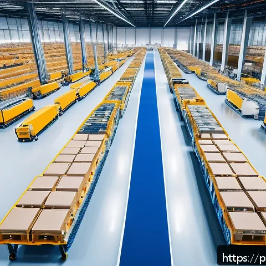 마켓플레이스에서의 트렌드와 변화 예측 - A modern e-commerce warehouse scene showing automated logistics in action: robotic arms sorting pack...