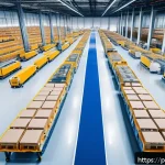 Home 22 마켓플레이스에서의 트렌드와 변화 예측 - A modern e-commerce warehouse scene showing automated logistics in action: robotic arms sorting pack...
