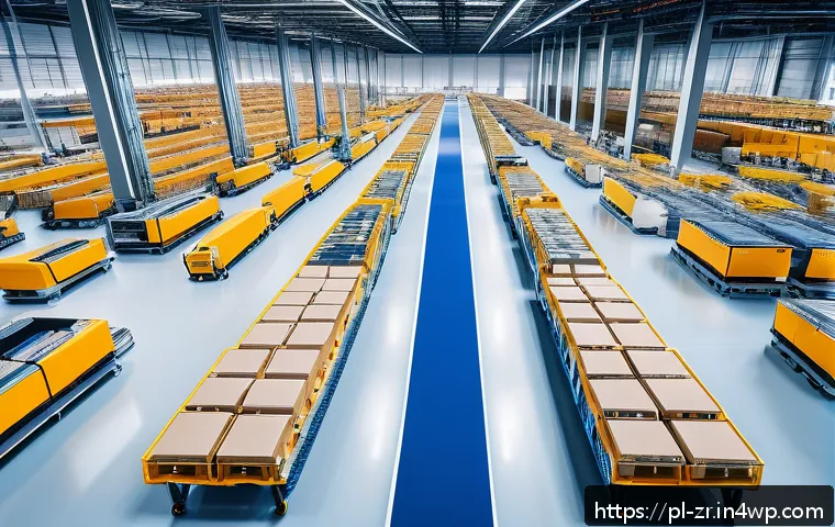 마켓플레이스에서의 트렌드와 변화 예측 - A modern e-commerce warehouse scene showing automated logistics in action: robotic arms sorting pack...