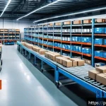 Home 20 마켓플레이스에서의 배송 전략 수립하기 - A modern Polish warehouse interior with sleek automated conveyor belts, robotic sorters, and workers...
