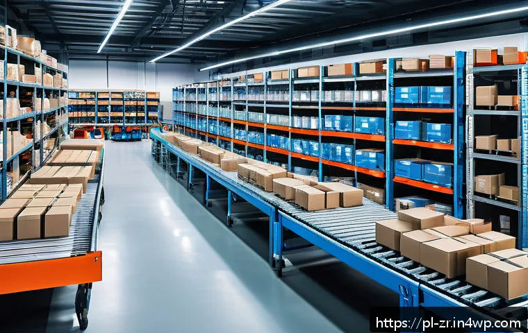 마켓플레이스에서의 배송 전략 수립하기 - A modern Polish warehouse interior with sleek automated conveyor belts, robotic sorters, and workers...